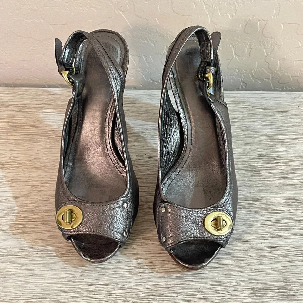 Coach Kiera Platform Heels Peeptoe Slingback Metallic Pewter Gunmetal 6.5